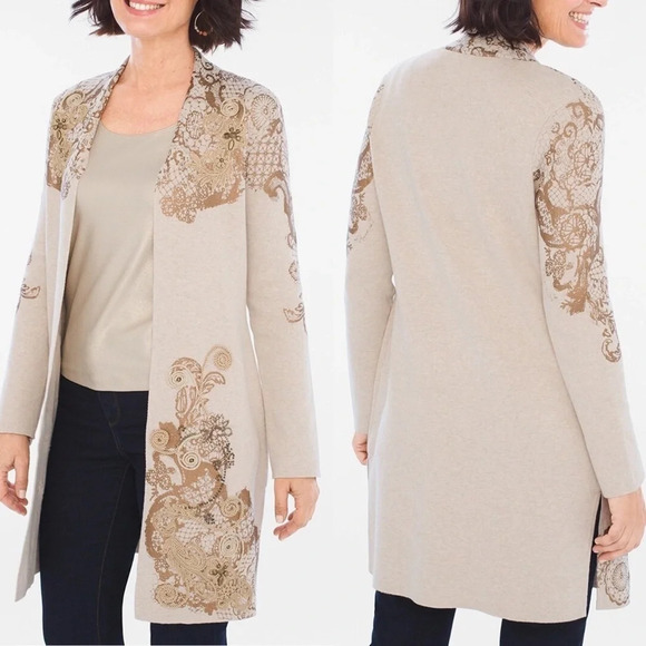 Chico’s Scroll-Lace Cardigan Jacket Cream Gold Sz 1 Medium - Picture 1 of 8